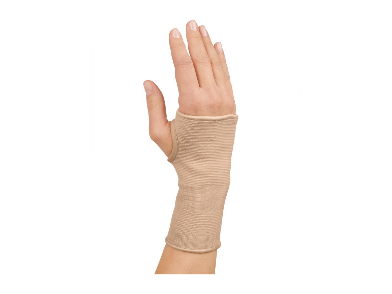 A hand wearing a beige wrist support brace, isolated on a white background.