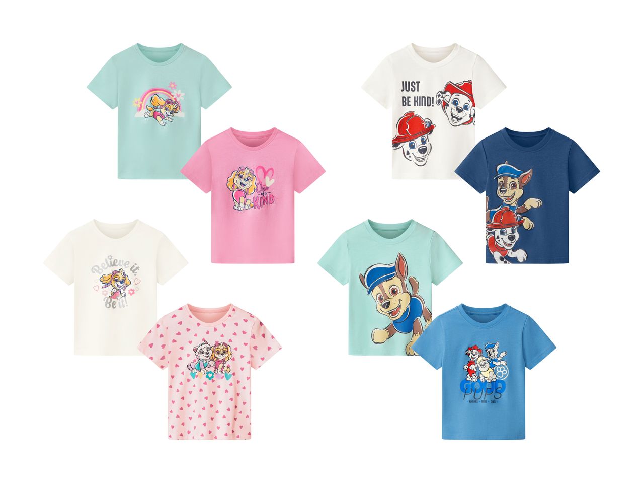 Ni børne-T-shirts med Paw Patrol-motiver, herunder Skye, Chase og Marshall, med tekster som 'JUST BE KIND!' og 'Believe it. Be it!'.