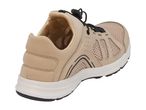 Beige and black athletic shoe with mesh panels and quick-lace system, viewed from the side.