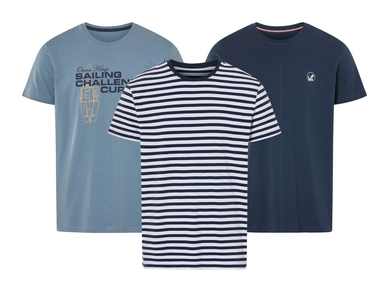 Tri muške majice kratkih rukava: jedna prugasta, jedna plava s natpisom i jedna tamnoplava s logotipom.