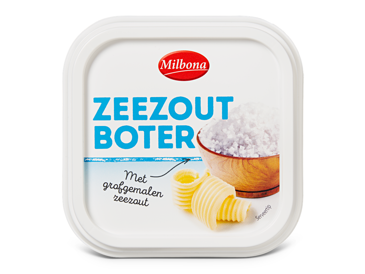 Milbona zeezoutboterkuipje met boterkrullen en een kommetje zeezout.