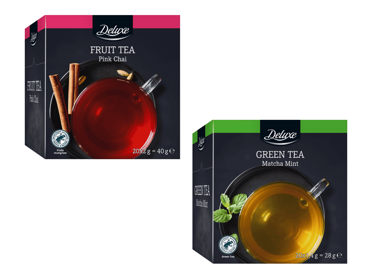 Kaksi teepakkausta: hedelmätee Pink Chai ja vihreä tee Matcha Mint.