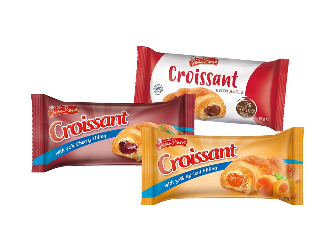 Tri pakovanja kroasana Maître Jean Pierre sa različitim punjenjima: kakao, višnja i kajsija.