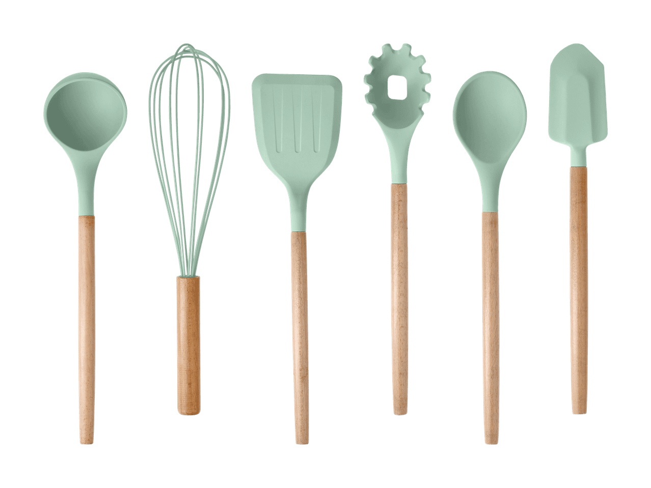 Un set di sei utensili da cucina in silicone verde chiaro con manici in legno.