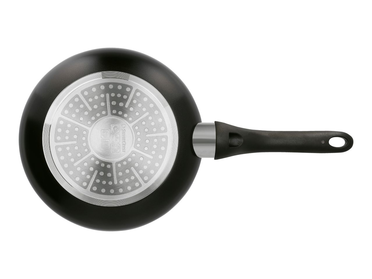 Bottom view of a black frying pan with a silver-colored induction base and handle.