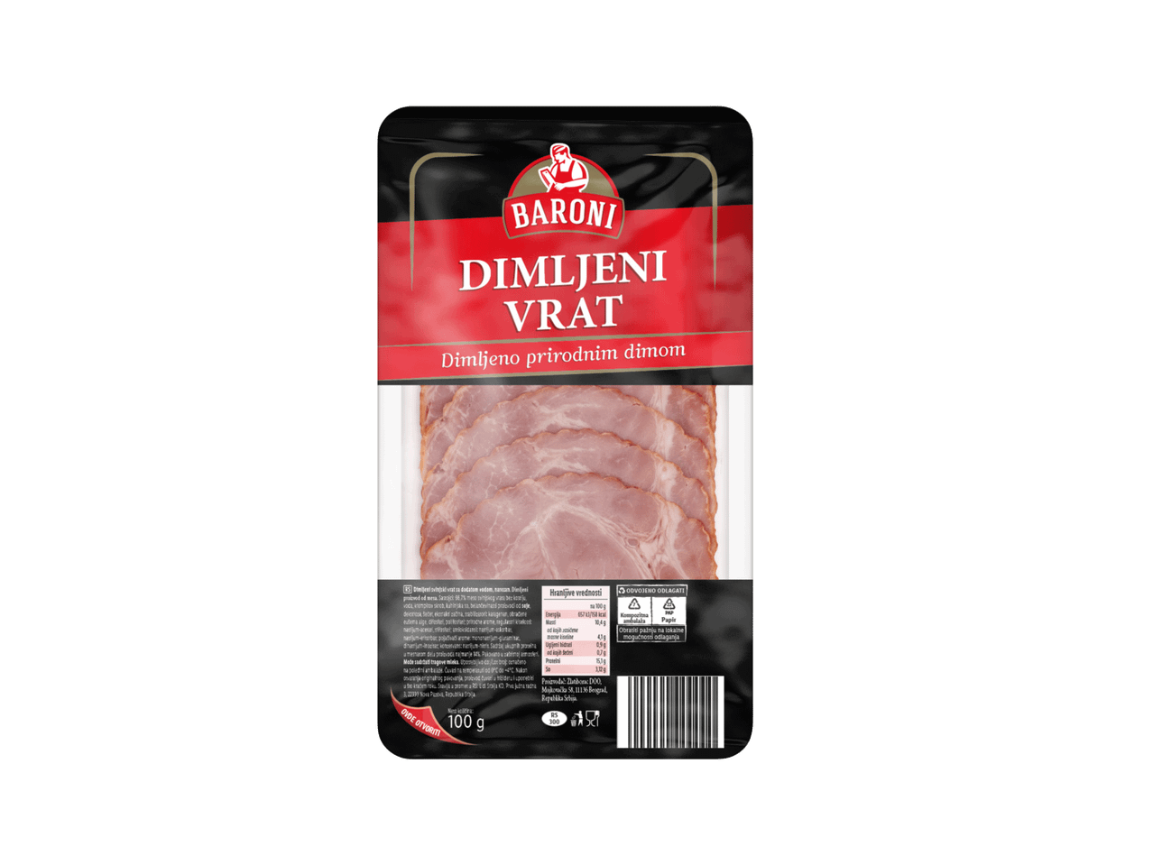 Pakovanje dimljenog svinjskog vrata sa prirodnim dimom, narezano, 100g.