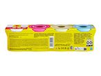 A box of four colorful playdough containers with confetti-themed lids, showing product information and recycling symbols.