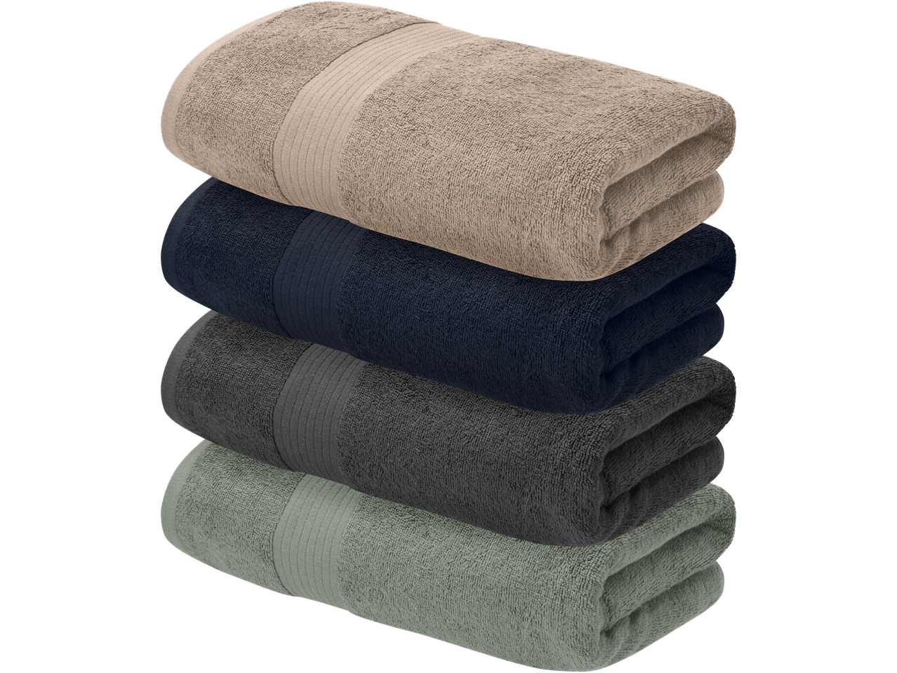 Toalhas Livarno: pilha de toalhas bege, azul escuro, cinza e verde.