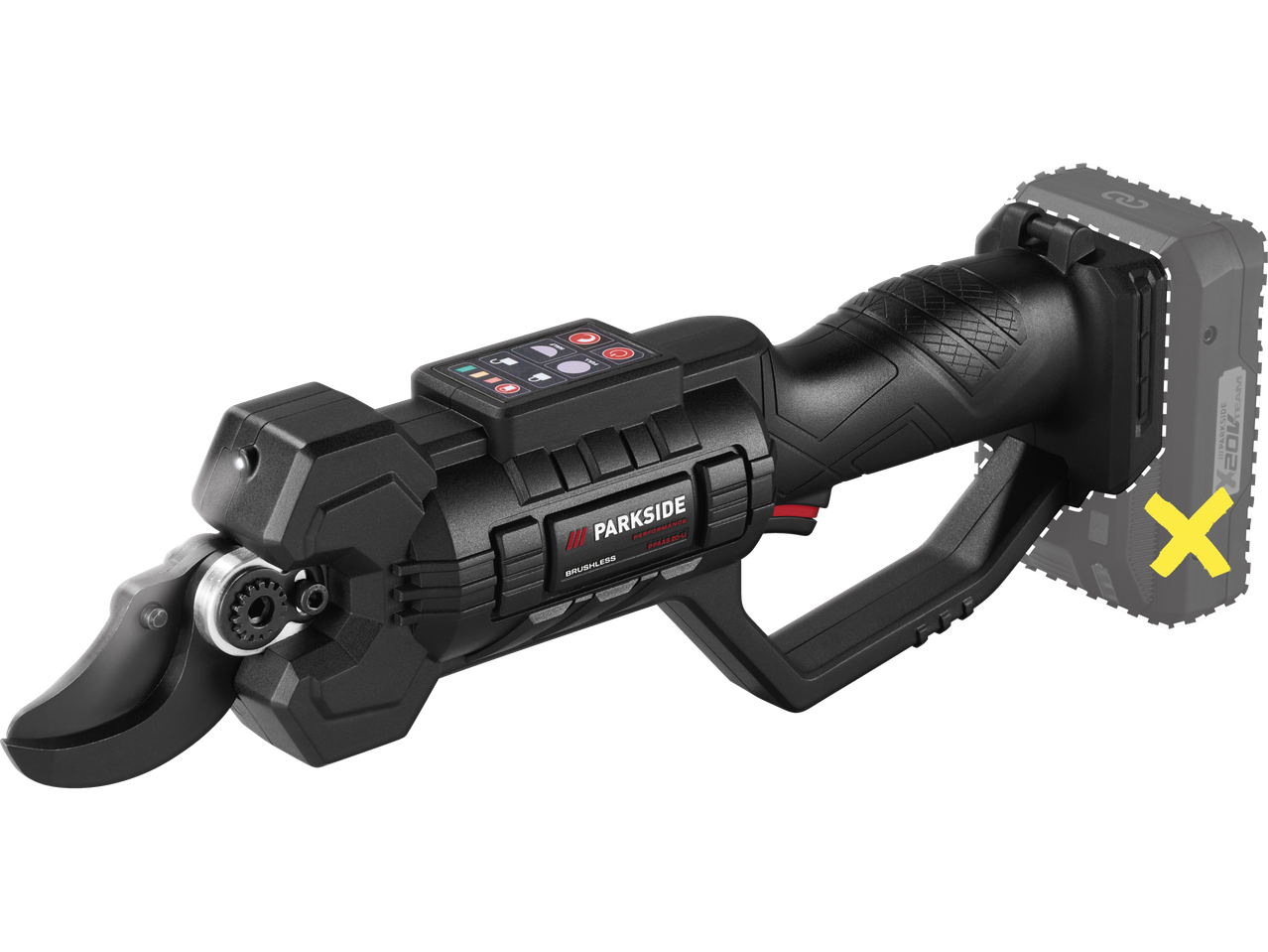 Parkside Performance 20V akumuliatorinės genėjimo žirklės su bešepetėliu varikliu, baterija nepridedama.