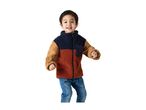 Smiling boy in a color-block fleece jacket and jeans.
