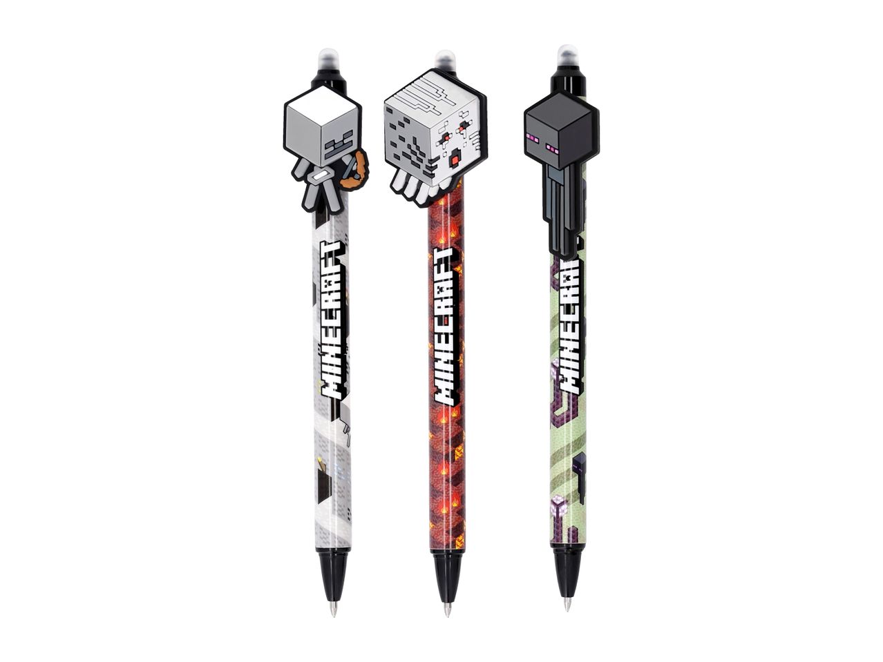 Three Minecraft-themed pens featuring a skeleton, Wither skeleton, and Enderman.