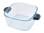 Clear glass baking dish with black handles