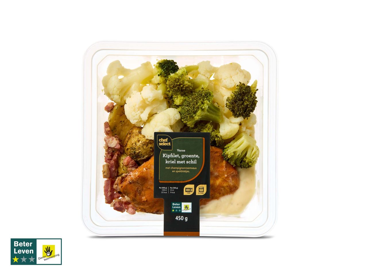 Chef Select: kipfilet, broccoli, bloemkool en aardappelen.