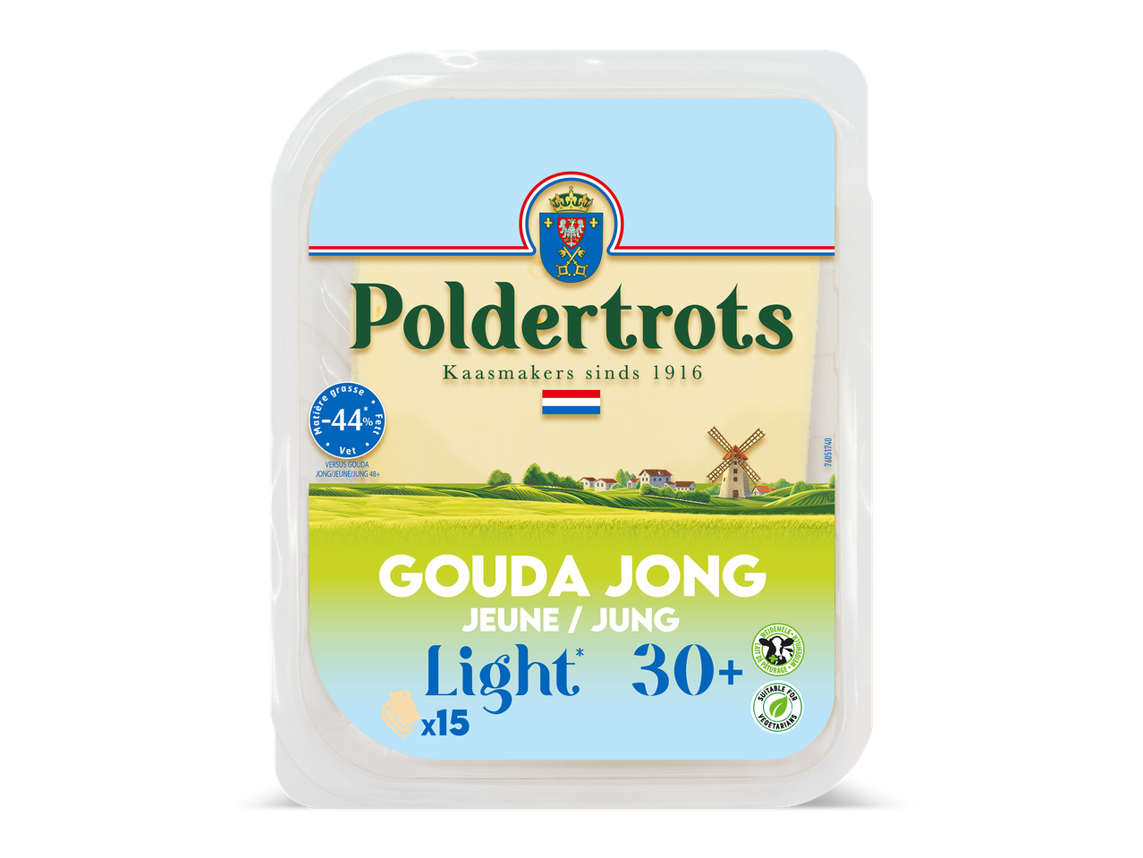 Verpakking van jonge Goudse kaas, licht en geschikt voor vegetariërs, met een Hollands landschap.