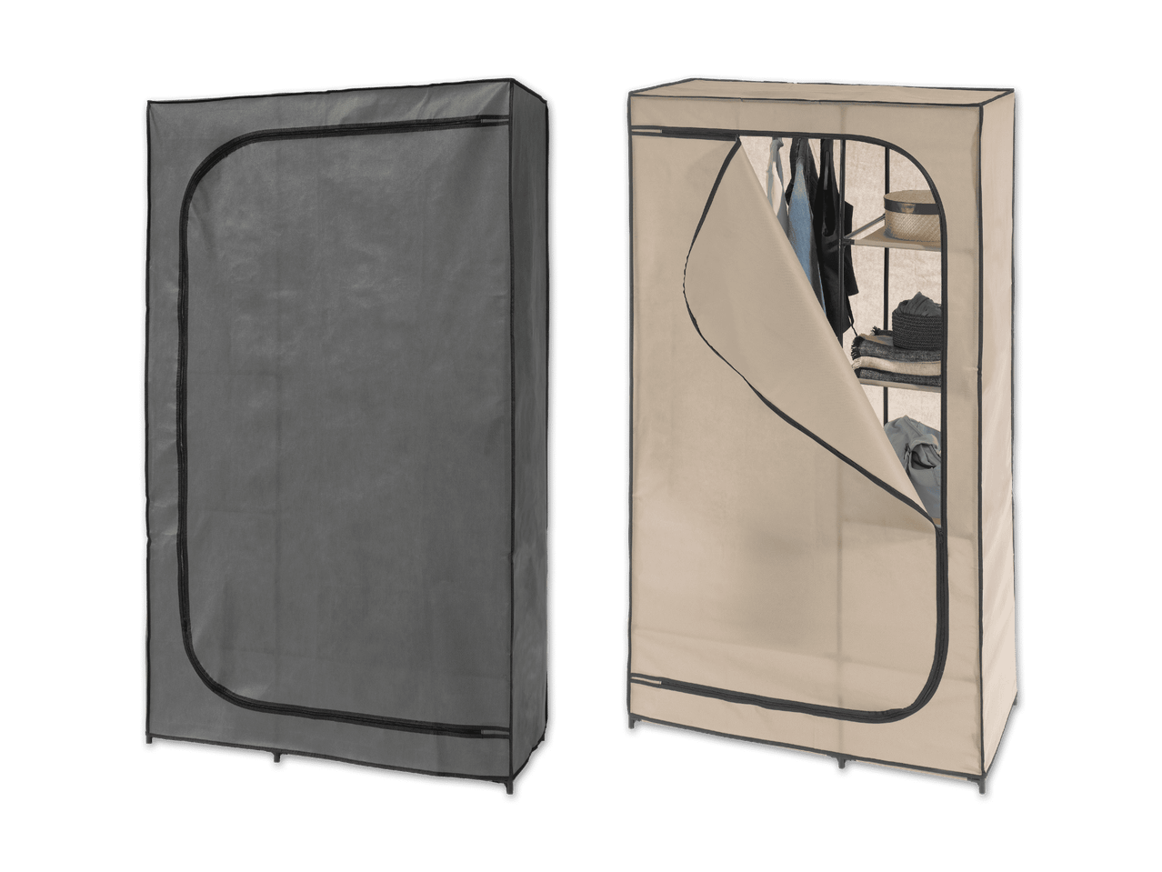 Zwei faltbare Textil-Kleiderschränke, einer grau, einer beige, mit Kleidern und Accessoires.