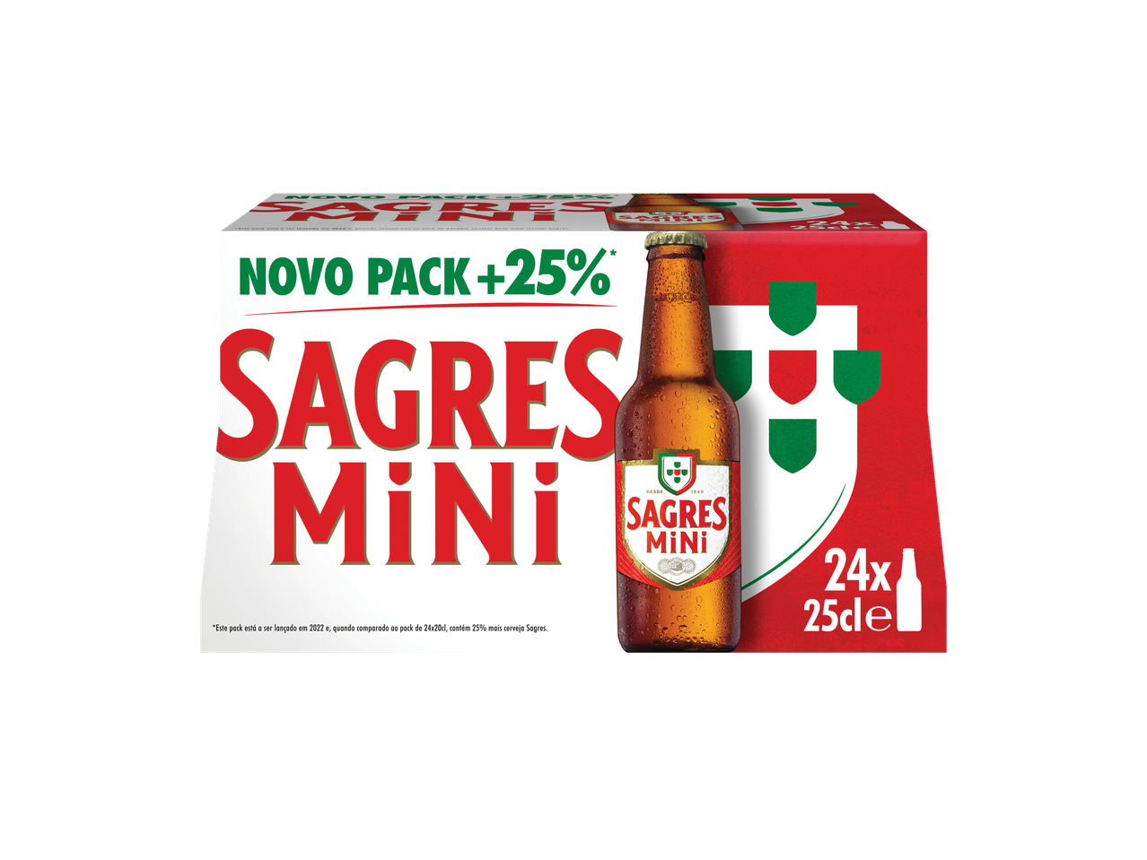 Pack de 24 cervejas Sagres Mini com 25% a mais.