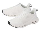 Pair of white mesh athletic shoes with black soles and gray accents