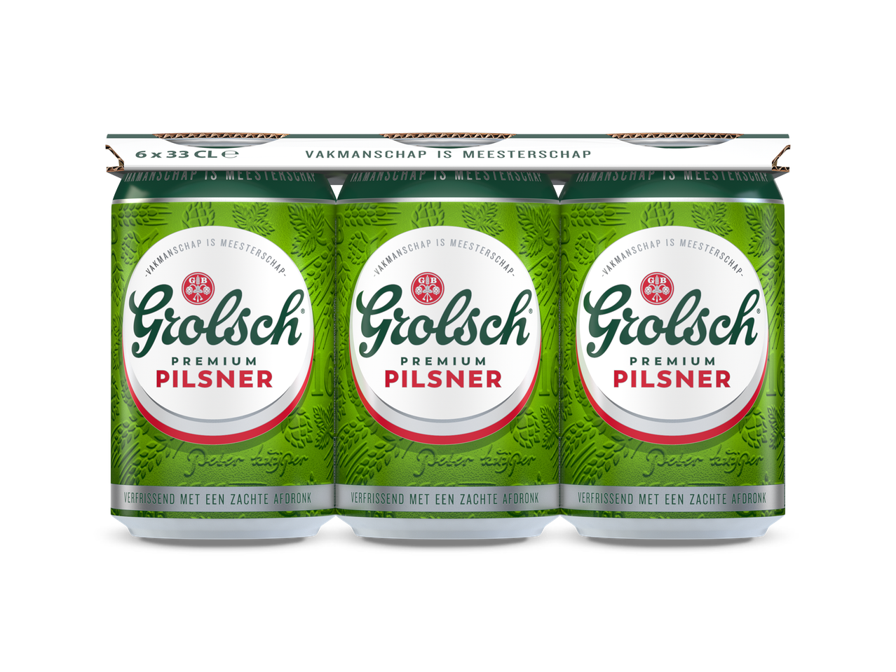 Zes blikjes pilsener bier in een verpakking, met de tekst 'Vakmanschap is Meesterschap'.