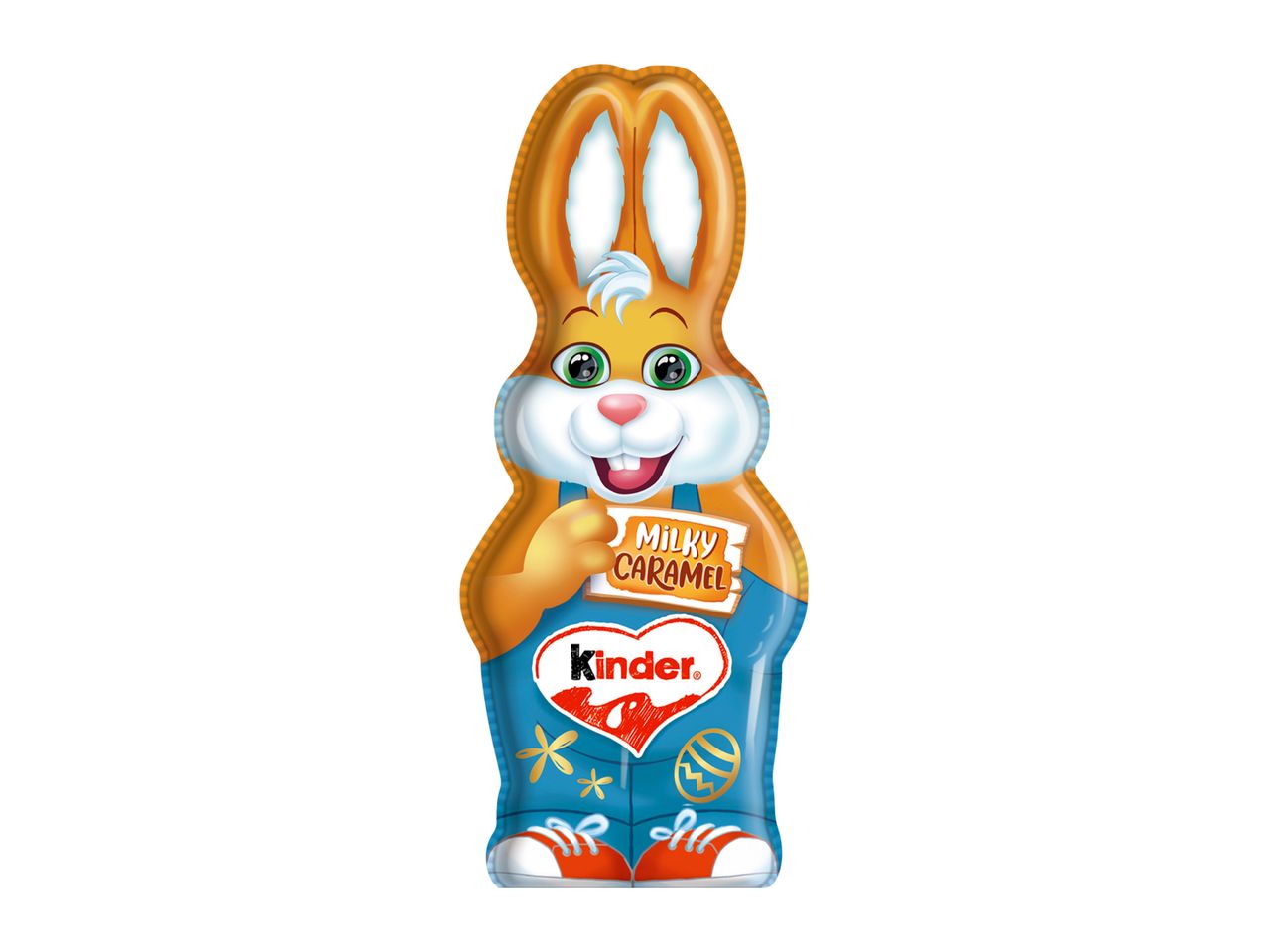 Easter bunny chocolate figure in blue overalls holding a 'Milky Caramel' sign.