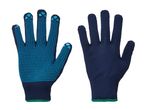 Paio di guanti da lavoro bicolore, blu scuro e blu chiaro con lineetta verde.