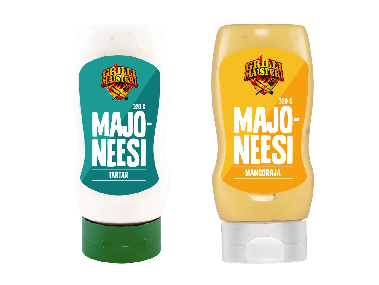 Majoneesi-pullot: valkoinen ja keltainen majoneesi.