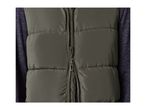 Close-up of a green puffer vest with a partially unzipped zipper over a dark long-sleeved shirt.