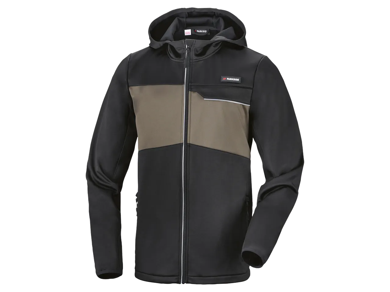 Fekete és barna színű, kapucnis férfi softshell munkásdzseki.