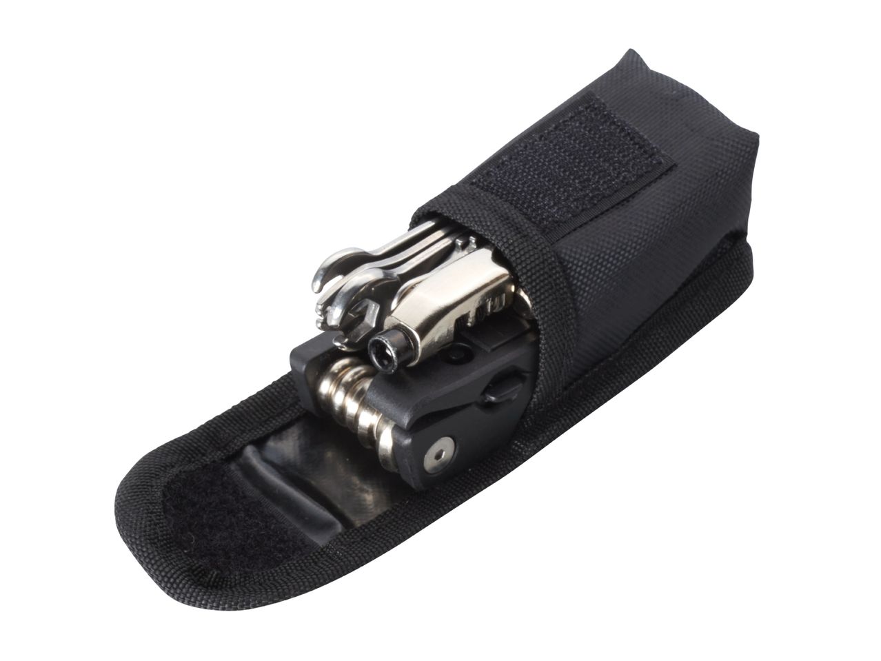 A black nylon carrying case holds a multi-tool bicycle repair kit.