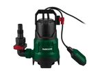 Green and black submersible pump with a float switch and hose connector.