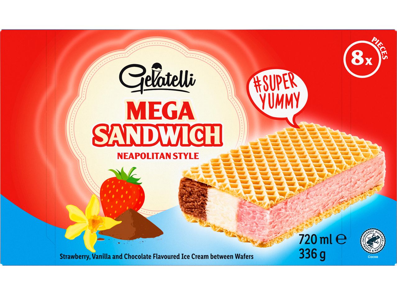 Кутия Gelatelli Mega Sandwich Neapolitan Style с 8 броя вафлени сандвичи със сладолед.