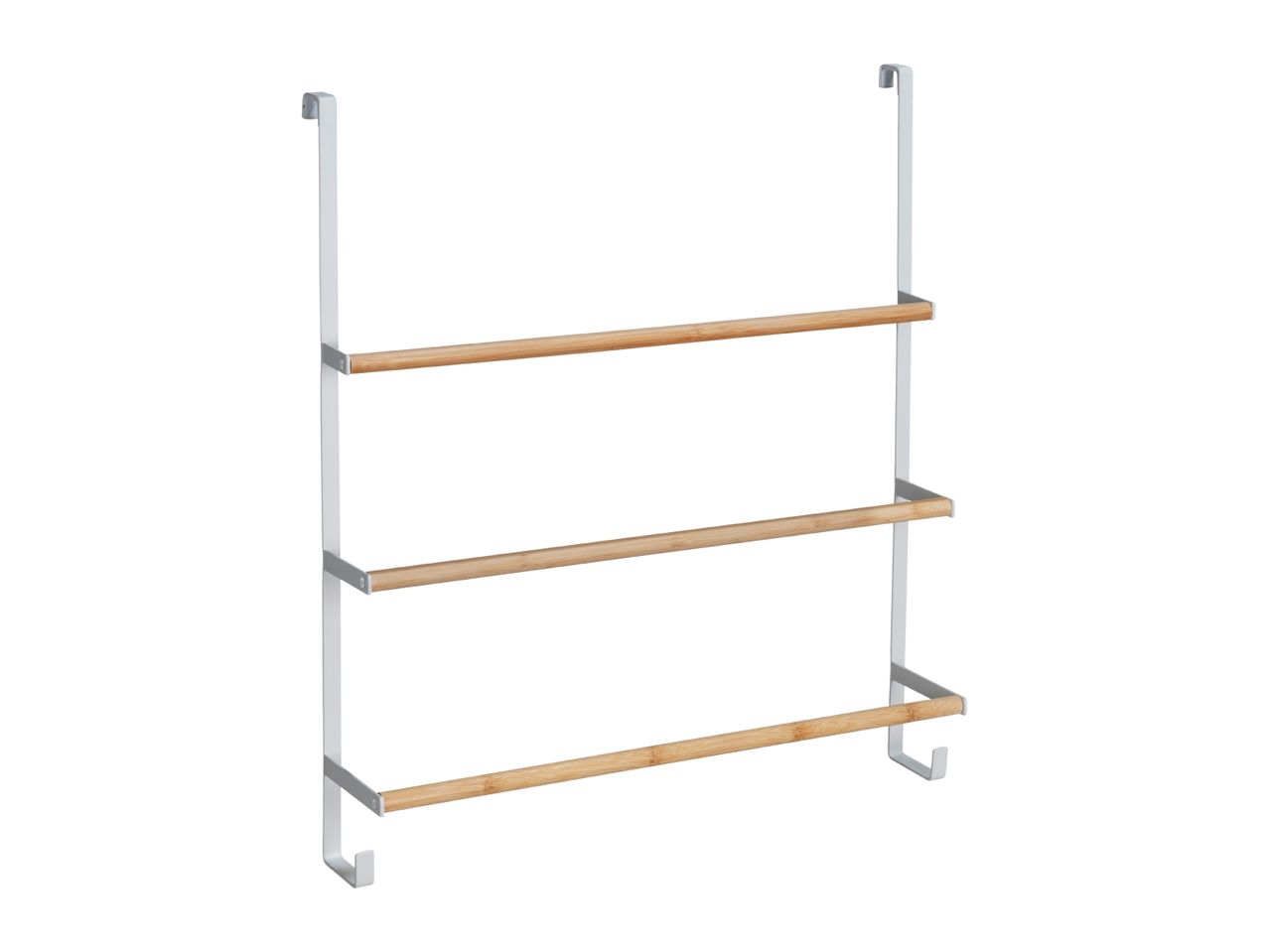 Over-the-door towel rack with three bamboo bars and white metal frame.