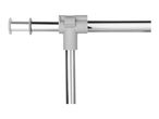 Adjustable chrome-plated metal clothes rail with a grey plastic T-connector.