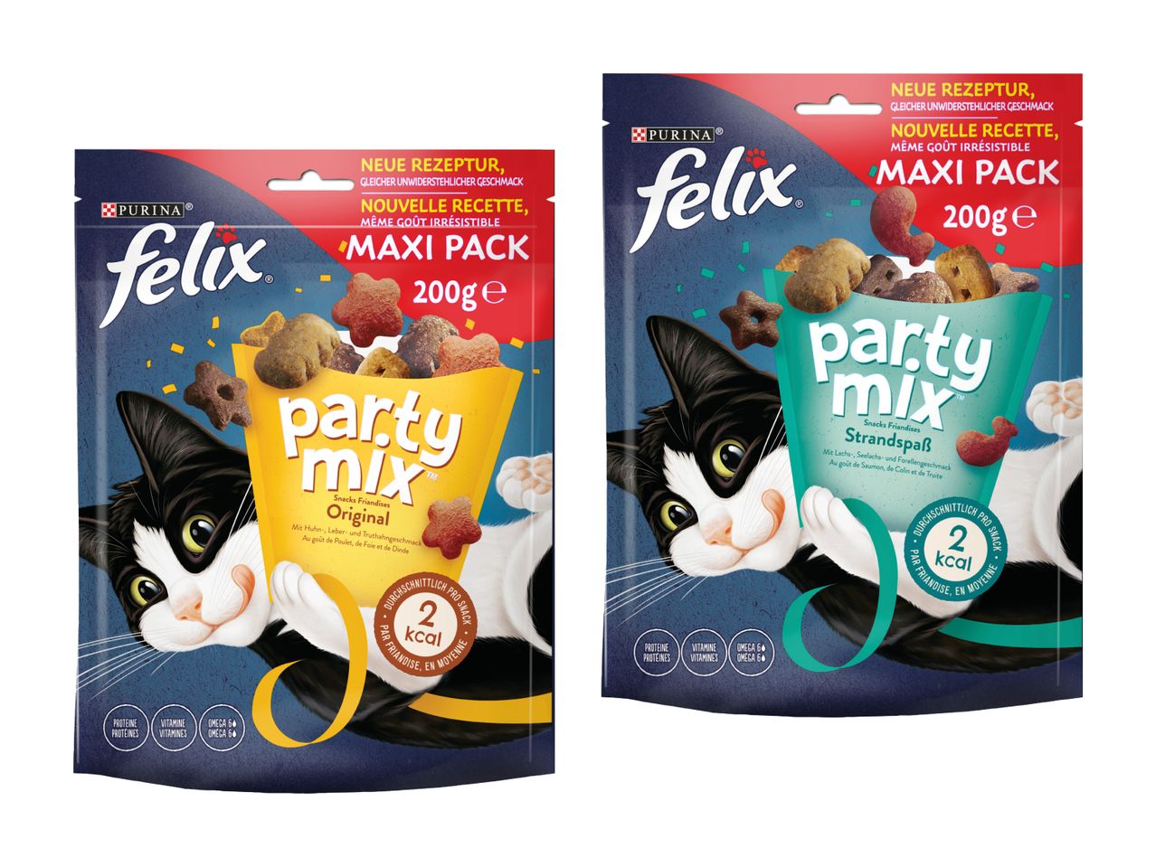 Deux sachets de friandises Felix Party Mix pour chats.