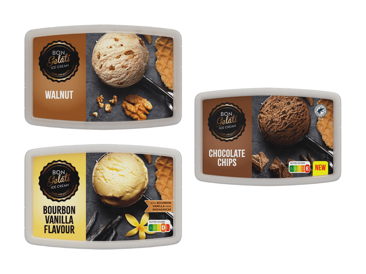 Trois pots de glace : noix, vanille bourbon et pépites de chocolat, avec Nutri-Score.