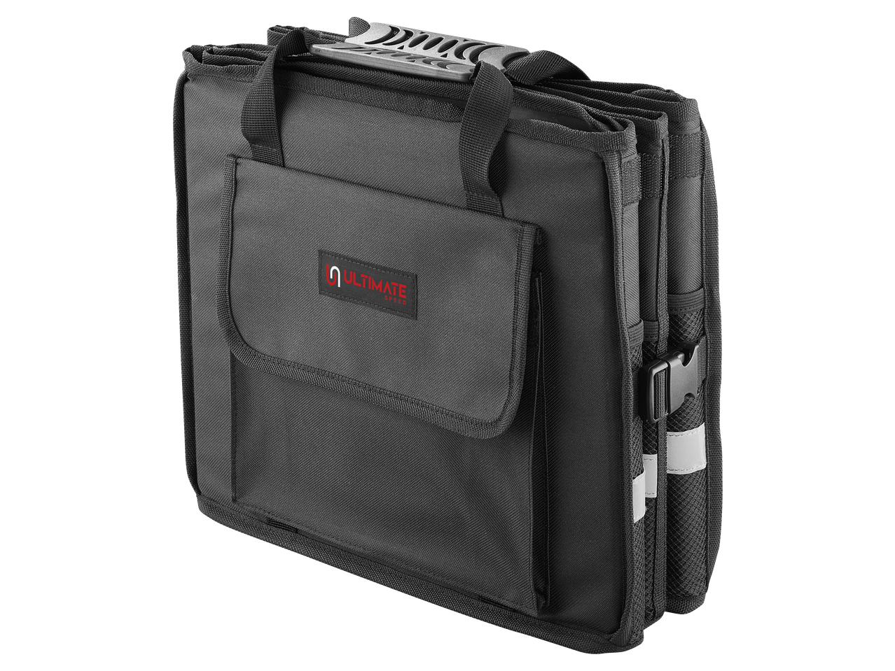 ULTIMATE SPEED® Car Boot Organiser, a black foldable storage bag with a front pocket and carrying handles.
