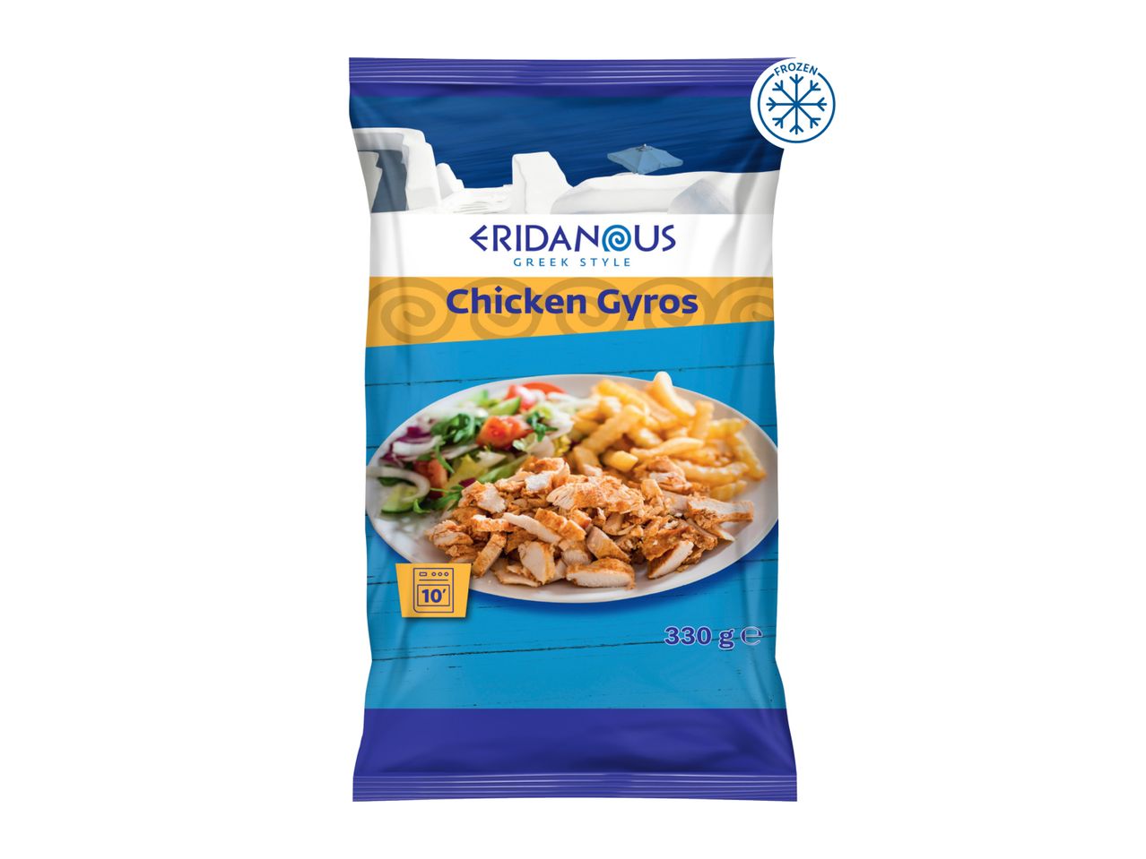 Ridanous Greek Style Chicken Gyros, frozen, 330g package with serving suggestion.