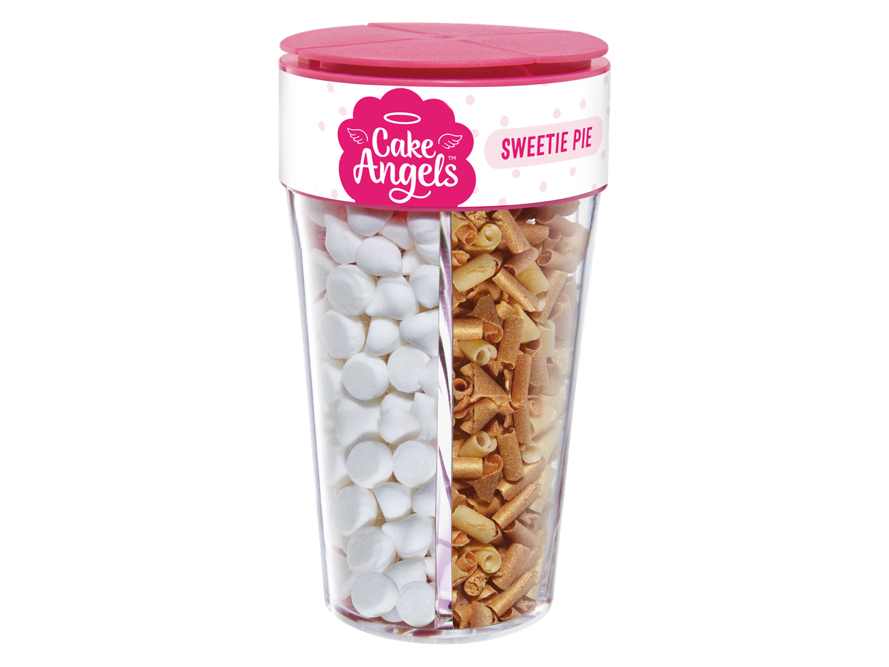 Cake Angels Sweetie Pie: baltos šokoladinės granulės ir auksiniai konfeti.