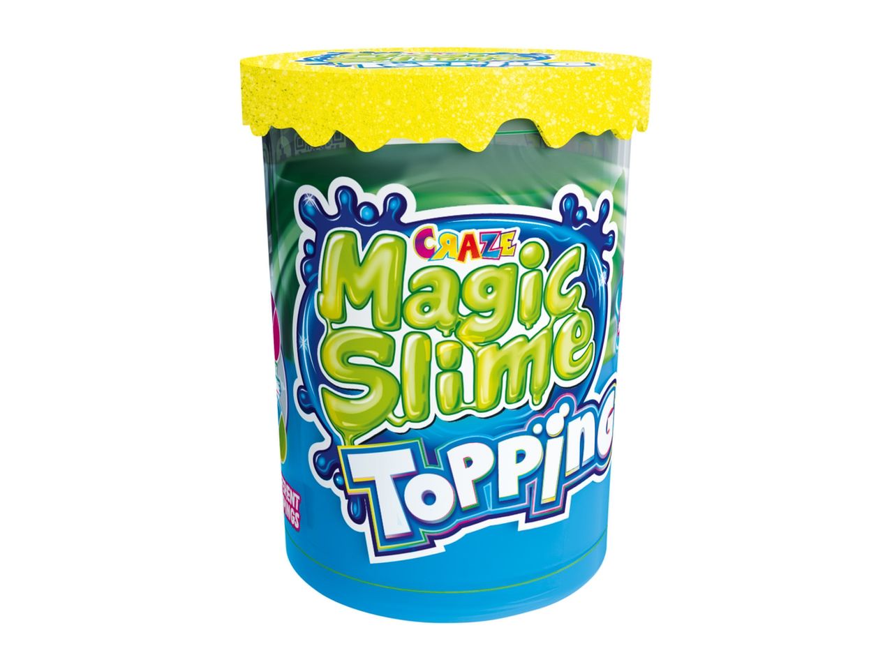 A jar of Magic Slime Topping, a green slime toy.