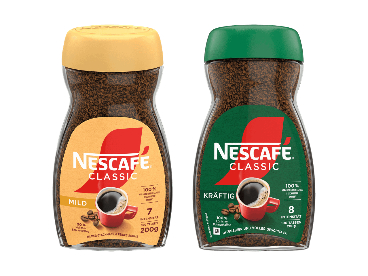 Zwei Gläser Nescafé Classic Instantkaffee, eine milde und eine kräftige Sorte.