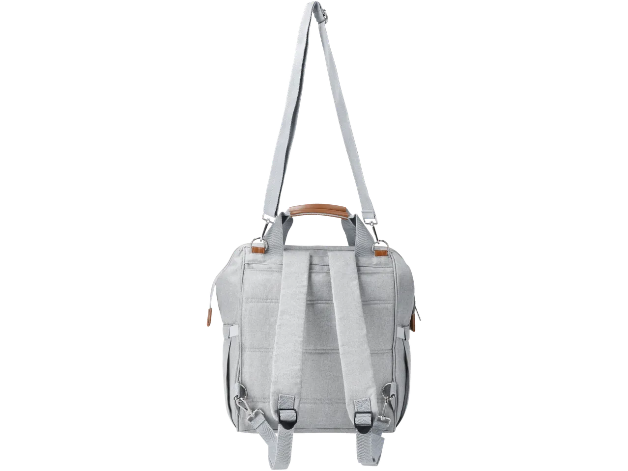Gray backpack with a brown handle and adjustable straps on a black background.