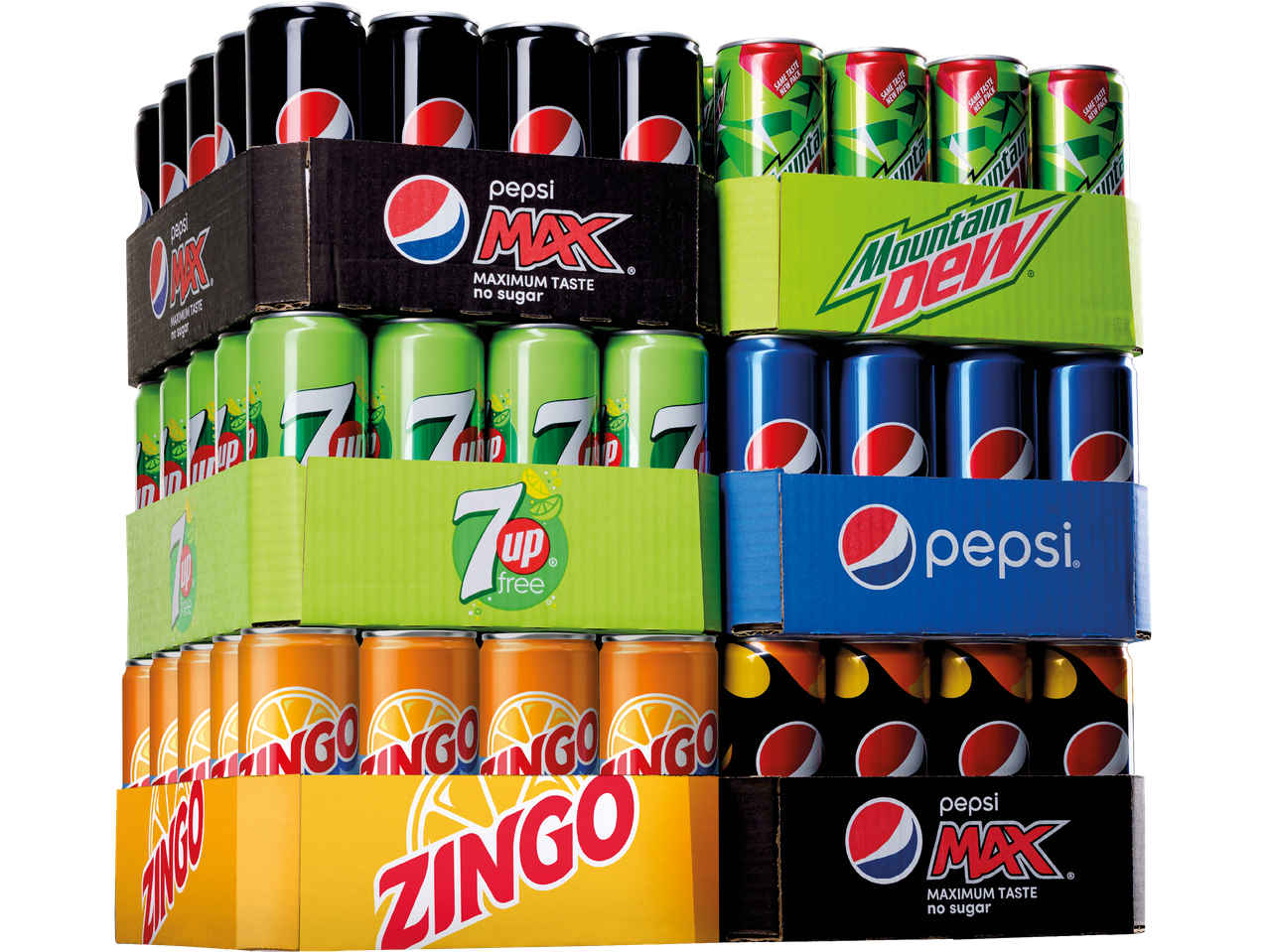 En stapel med läskburkar från Pepsi Max, 7 Up Free, Mountain Dew och Zingo.