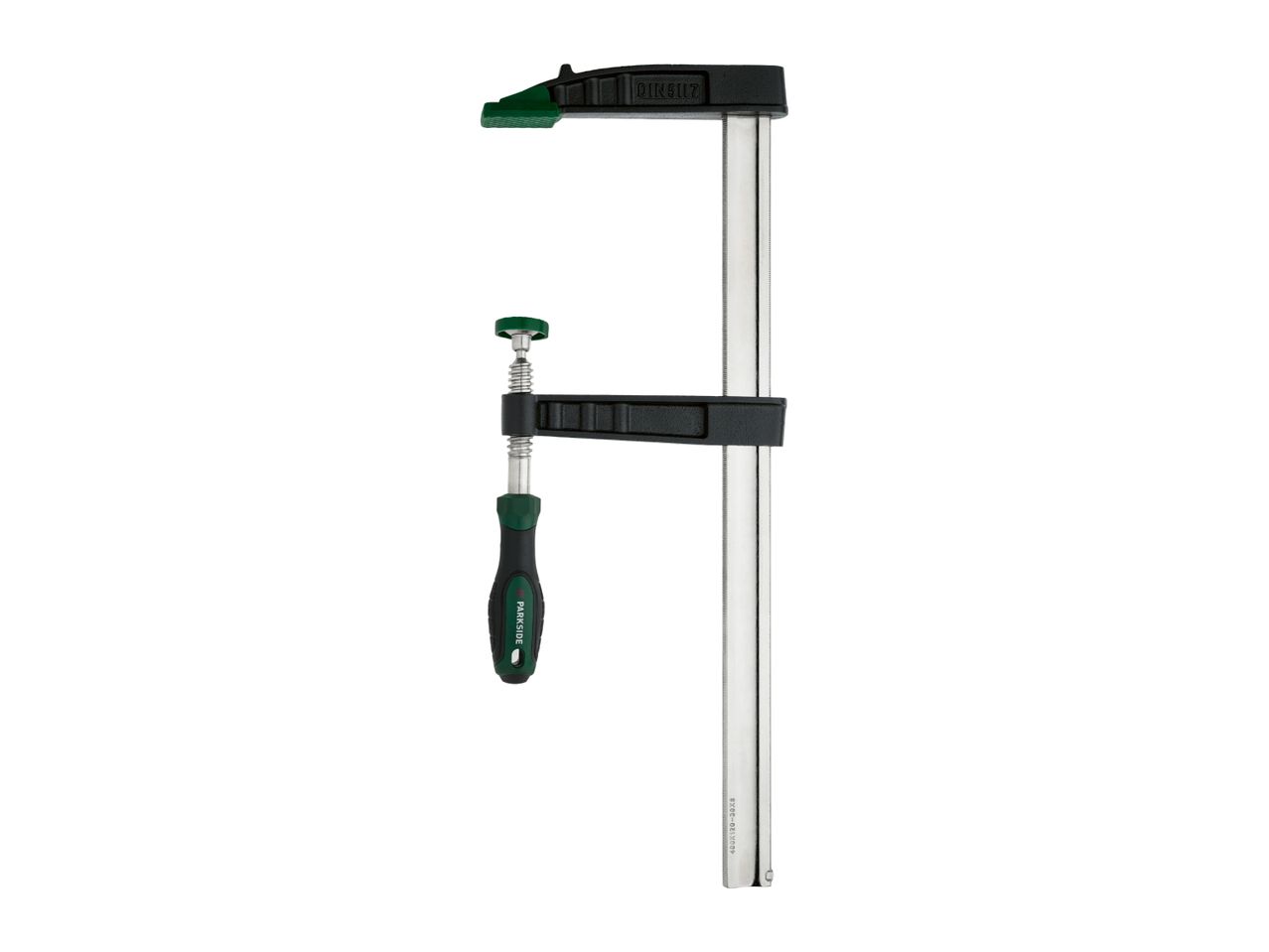 A black and green F-clamp with a silver bar, standing upright on a white background.