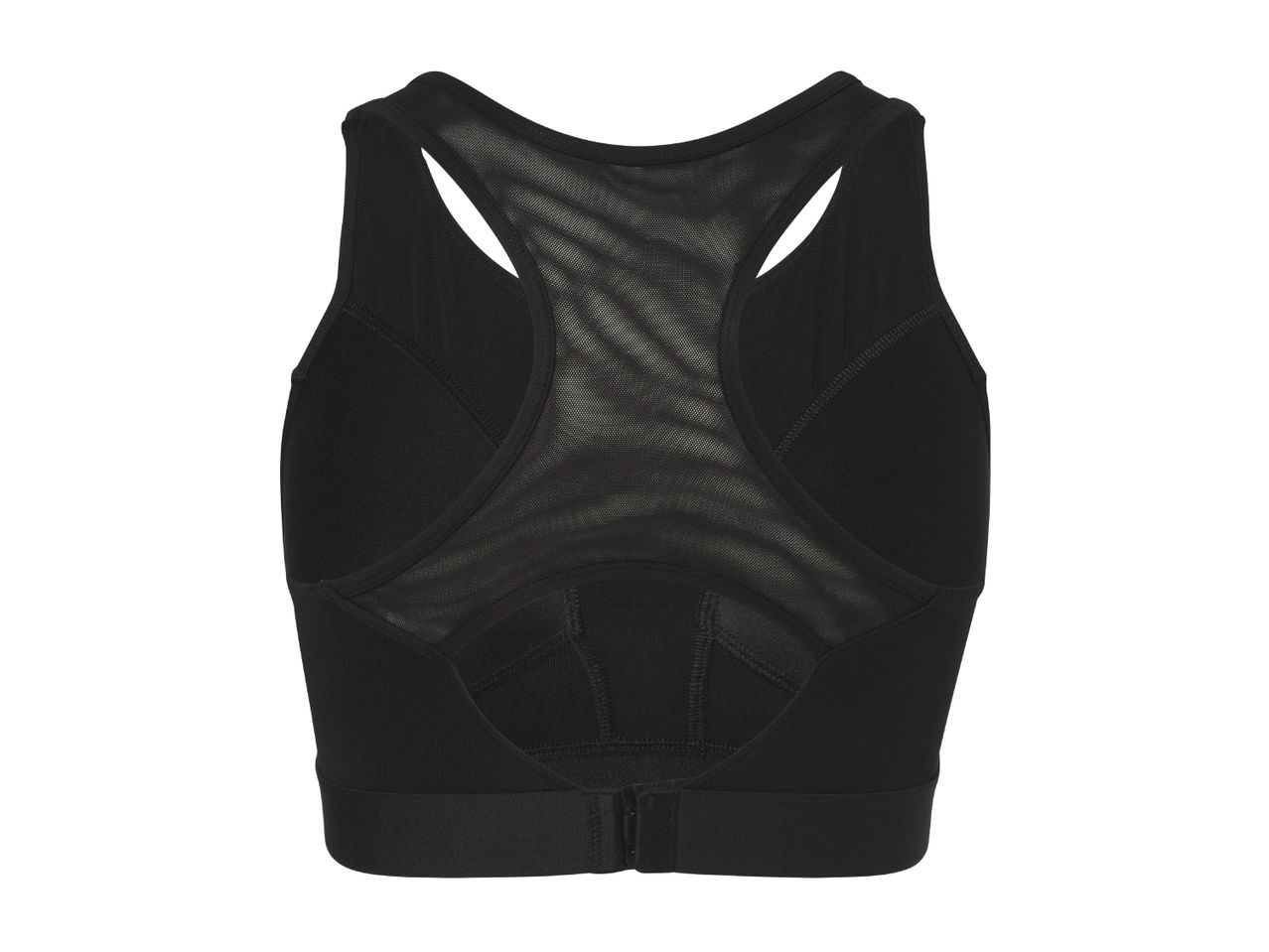 Black women's sports bra with a mesh back and racerback design.