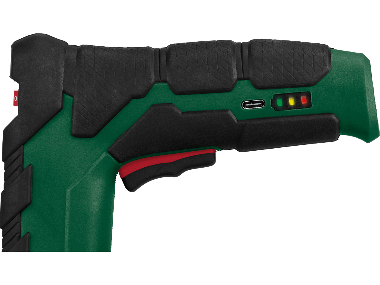 Unealtă electrică verde și neagră cu trăgaci roșu, port USB-C și lumini indicatoare pentru baterie.