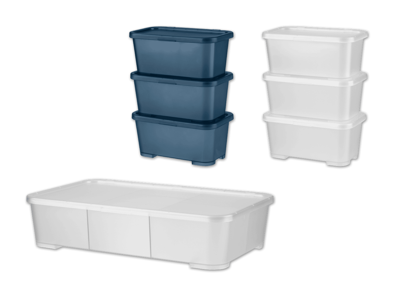 Stapelbare Aufbewahrungsboxen in Blau und Weiß, eine große weiße Box im Vordergrund.