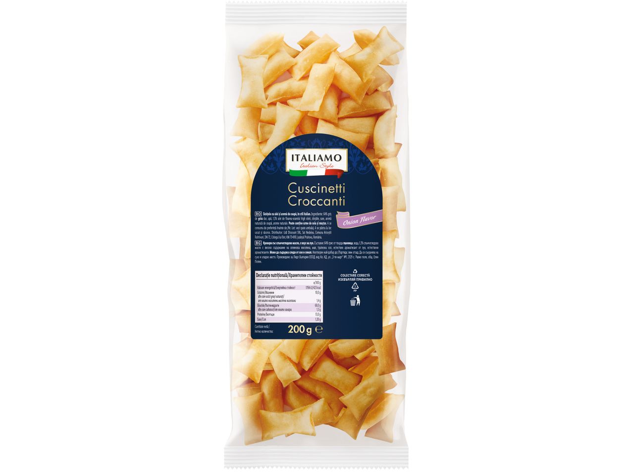 Опаковка с италиански солени бисквити 'Cuscinetti Croccanti' с вкус на лук.