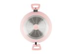 Bottom view of a pink cooking pot with two handles, showing the induction-compatible base.