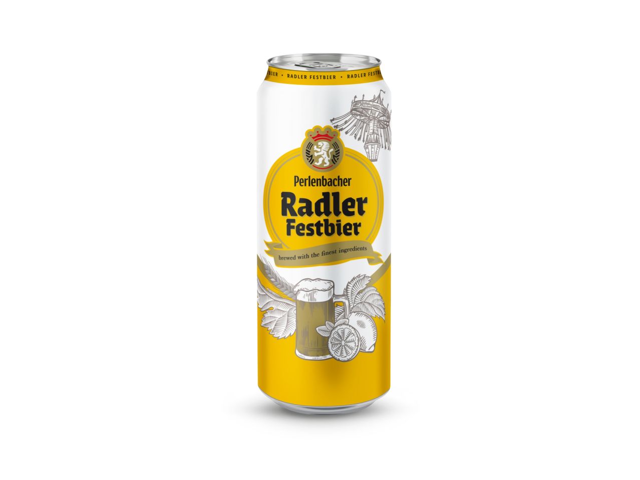 Bijela limenka pića s žutom etiketom na kojoj piše 'Perlenbacher Radler Festbier'.