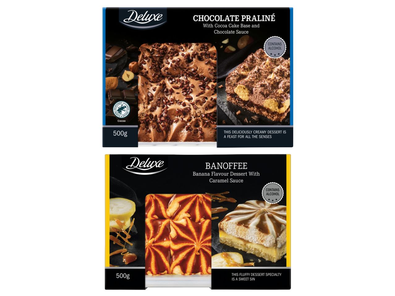 Divi Deluxe deserti: šokolādes pralinē un banānu banoffee, abi satur alkoholu.