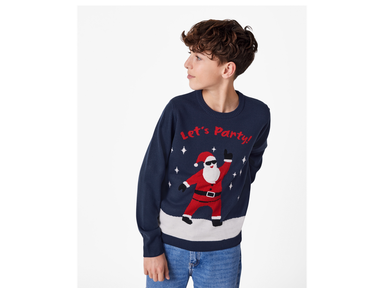 Boy wearing a navy esmara® Kids' Light-Up Christmas Jumper with a dancing Santa and 'Let's Party!' text.